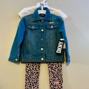 NEW DKNY Girls 3-Piece Set Jean Jacket, Heart T-Shirt, Leopard Leggings 3T